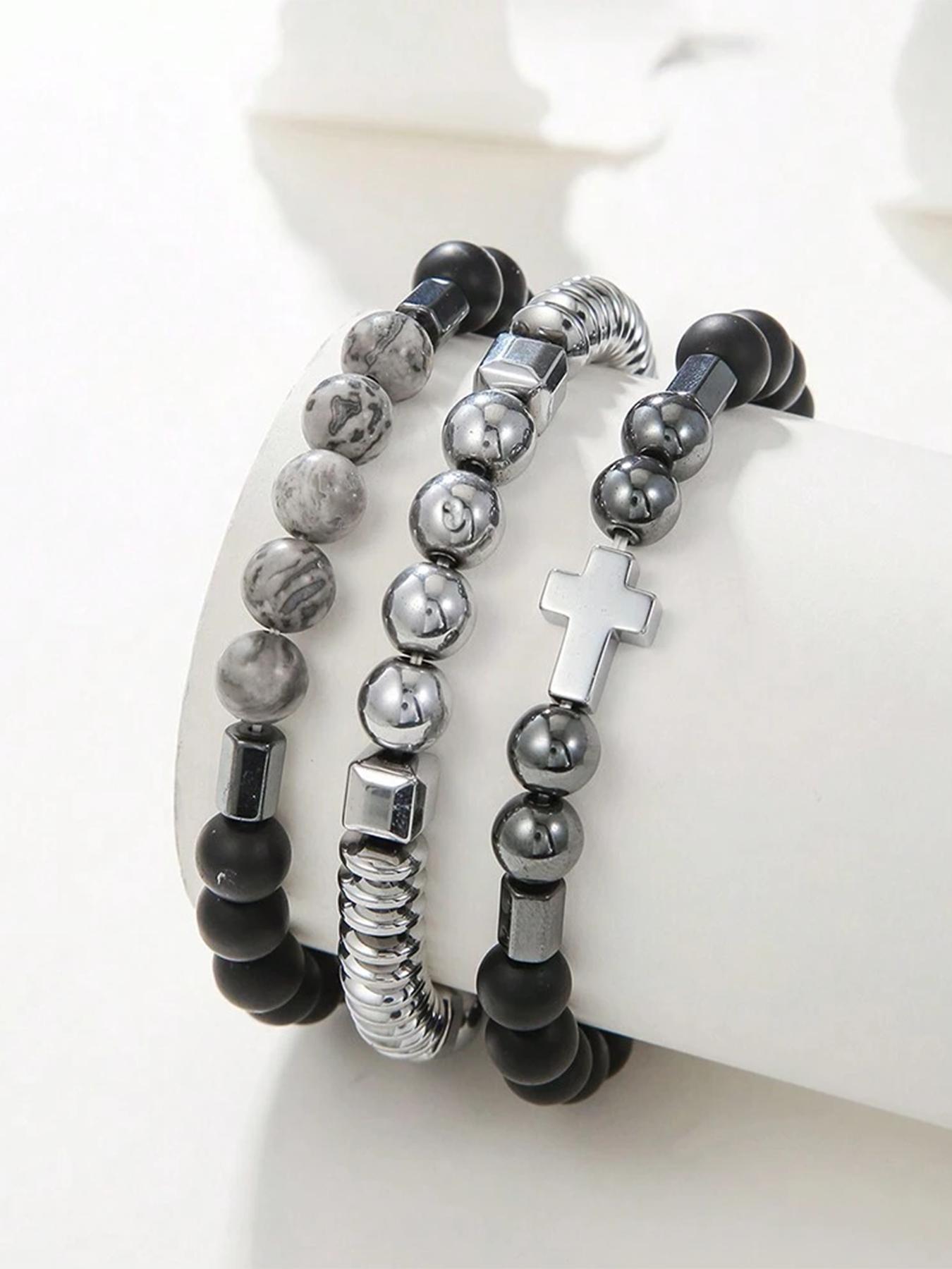 Men's Stainless Steel Cross Pendant Bracelet Set, Casual Beaded Design, Agate Stone, Perfect for Daily Wear & Parties