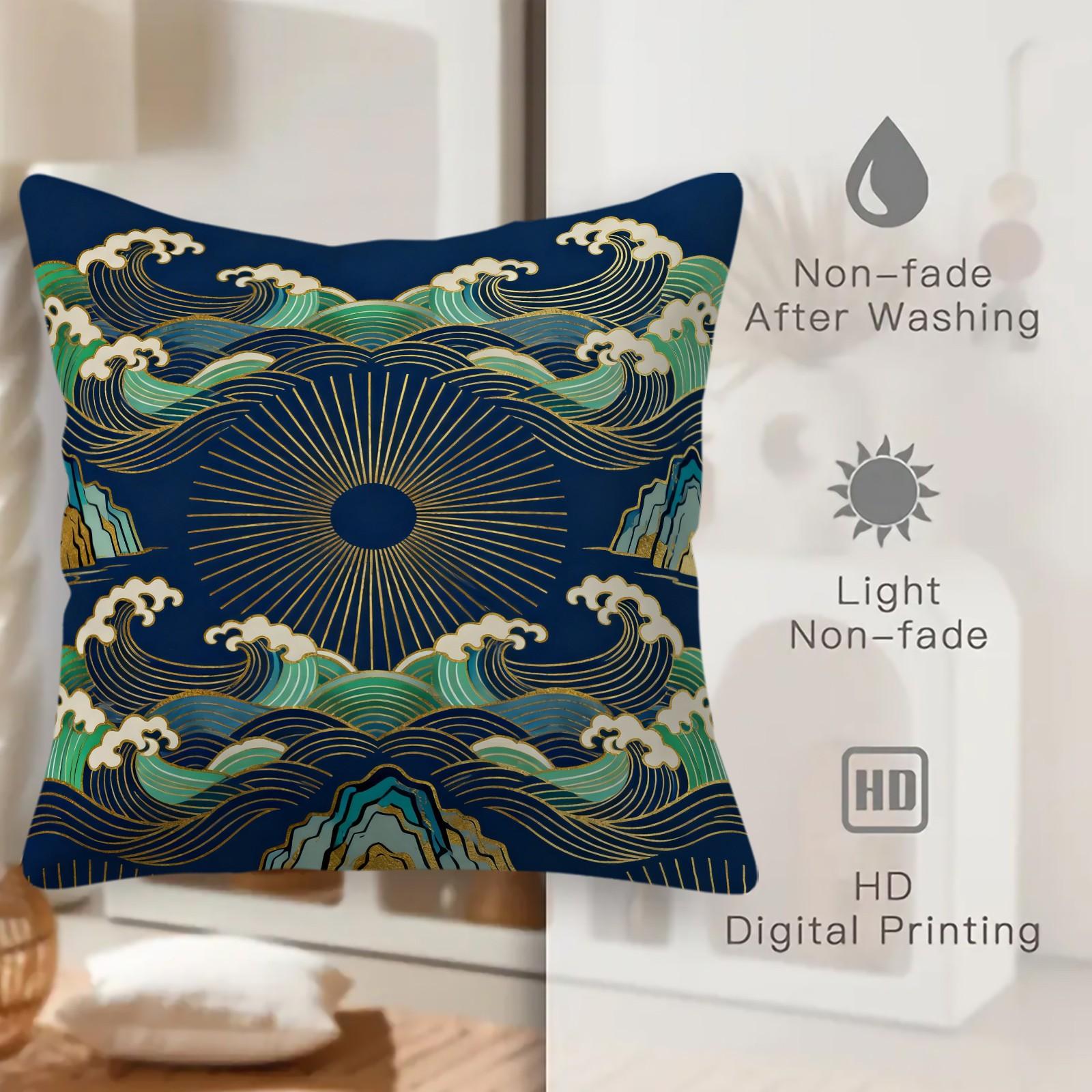 1 Piece Japanese Wave Sun Throw Pillow, Navy Blue Gold Foil Great Wave HD Digital Print Accent Pillow, Soft Plush Cushion with Hidden Zipper, Non-Fade Decor Pillow for Sofa Couch Bed, 18x18 Inch