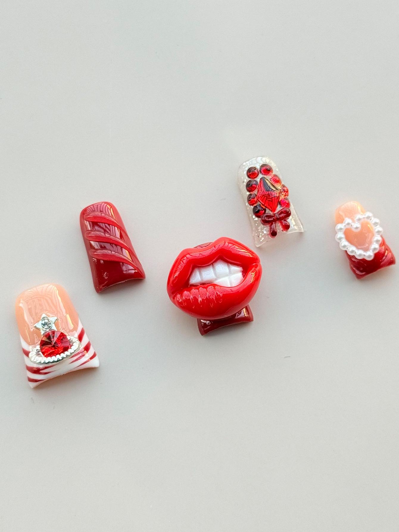 Y2K 10-Piece Handmade Nail Art Set, Hot Lips, Sexy Style, Medium-Length Almond Nails, Planetary Decor, Luxurious Polish, Perfect for Parties