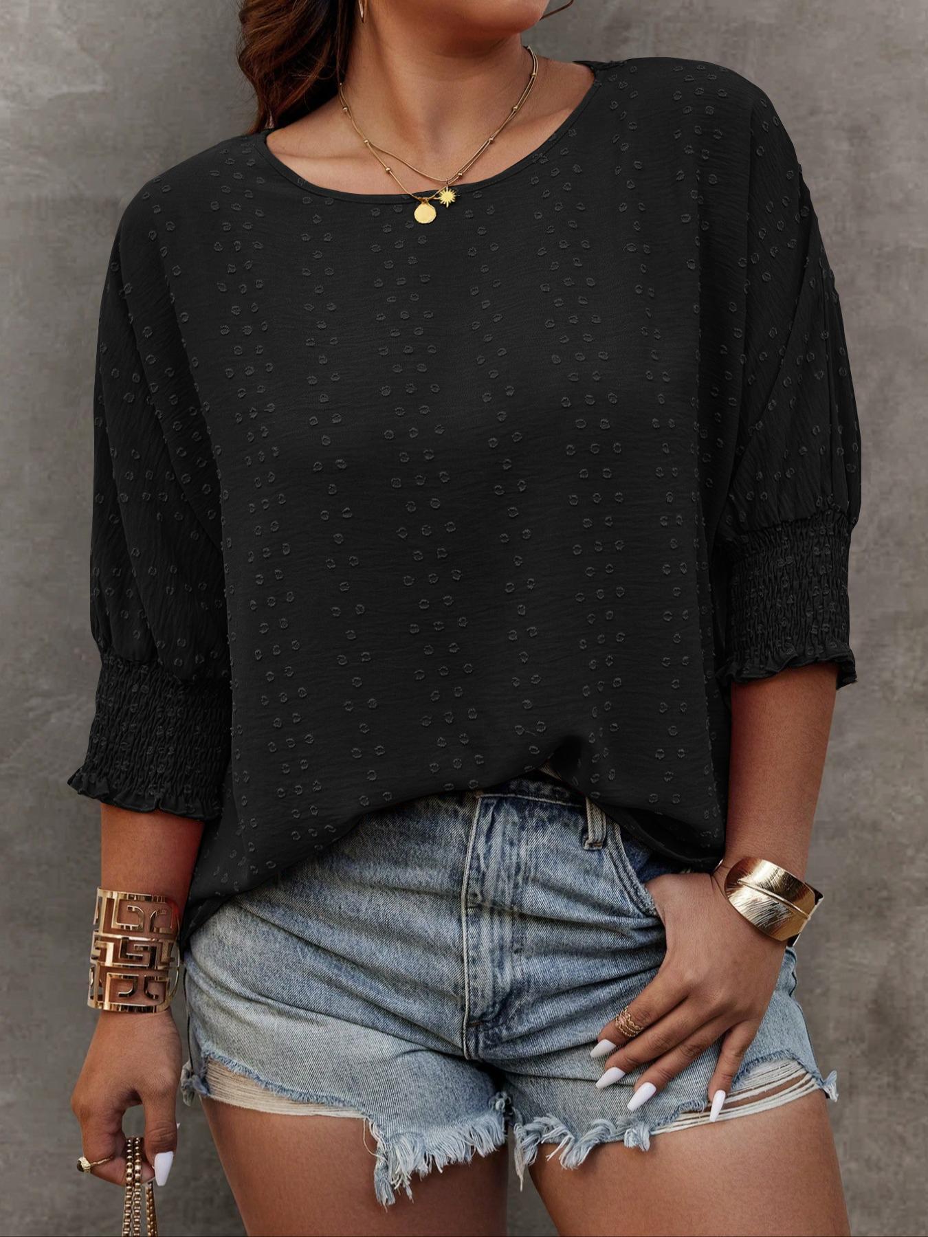 【 Plus Size】 Solid Embroidery Blouse, Casual Basic Round Neck Top for Daily Wear, Women's Clothing for All Seasons, Womenswear