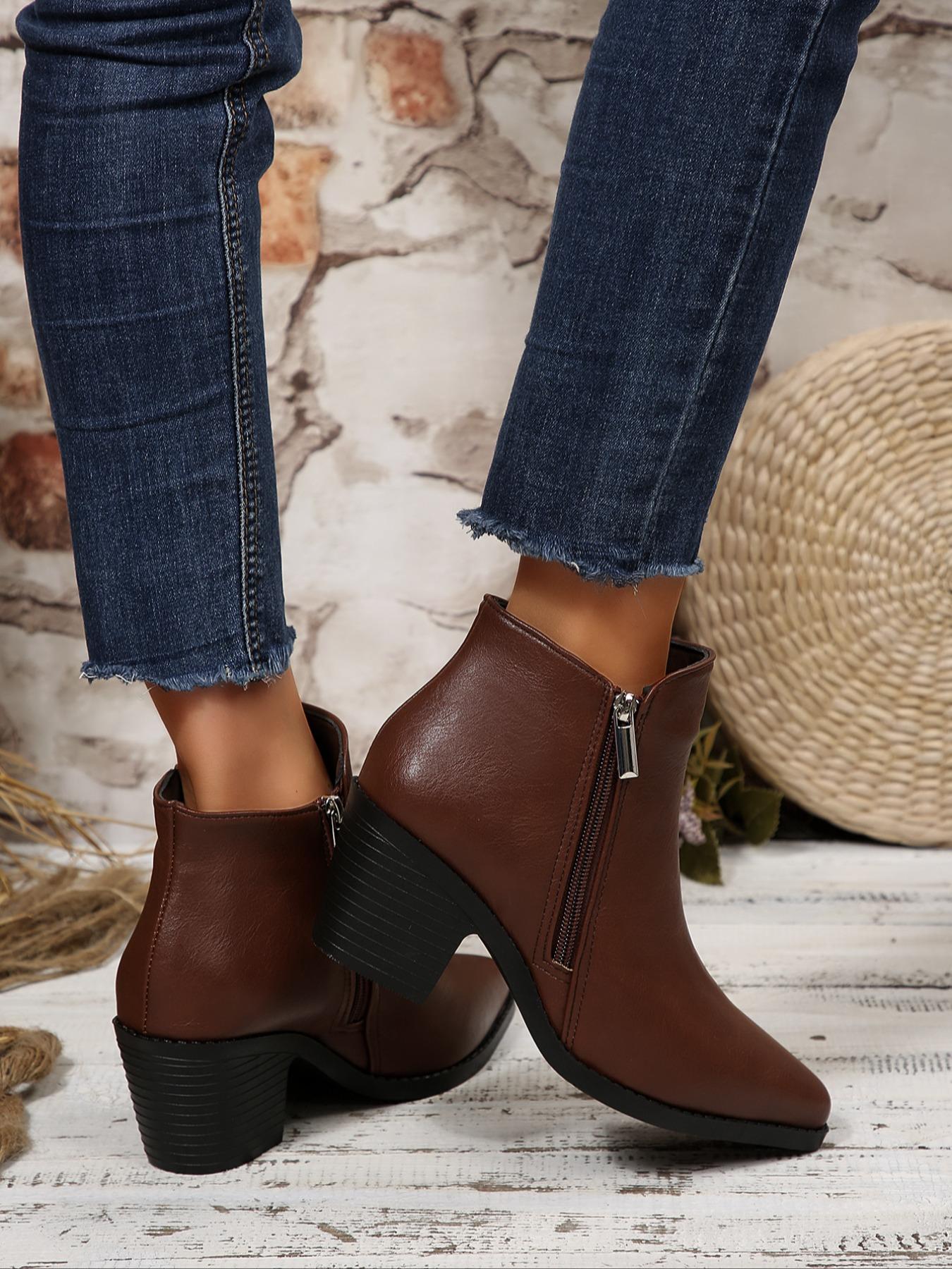 Women's Fashion Fall High Heel Square Toe Ankle Boots with Dual Zipper, Stylish Comfortable Short Booties for Casual Wear
