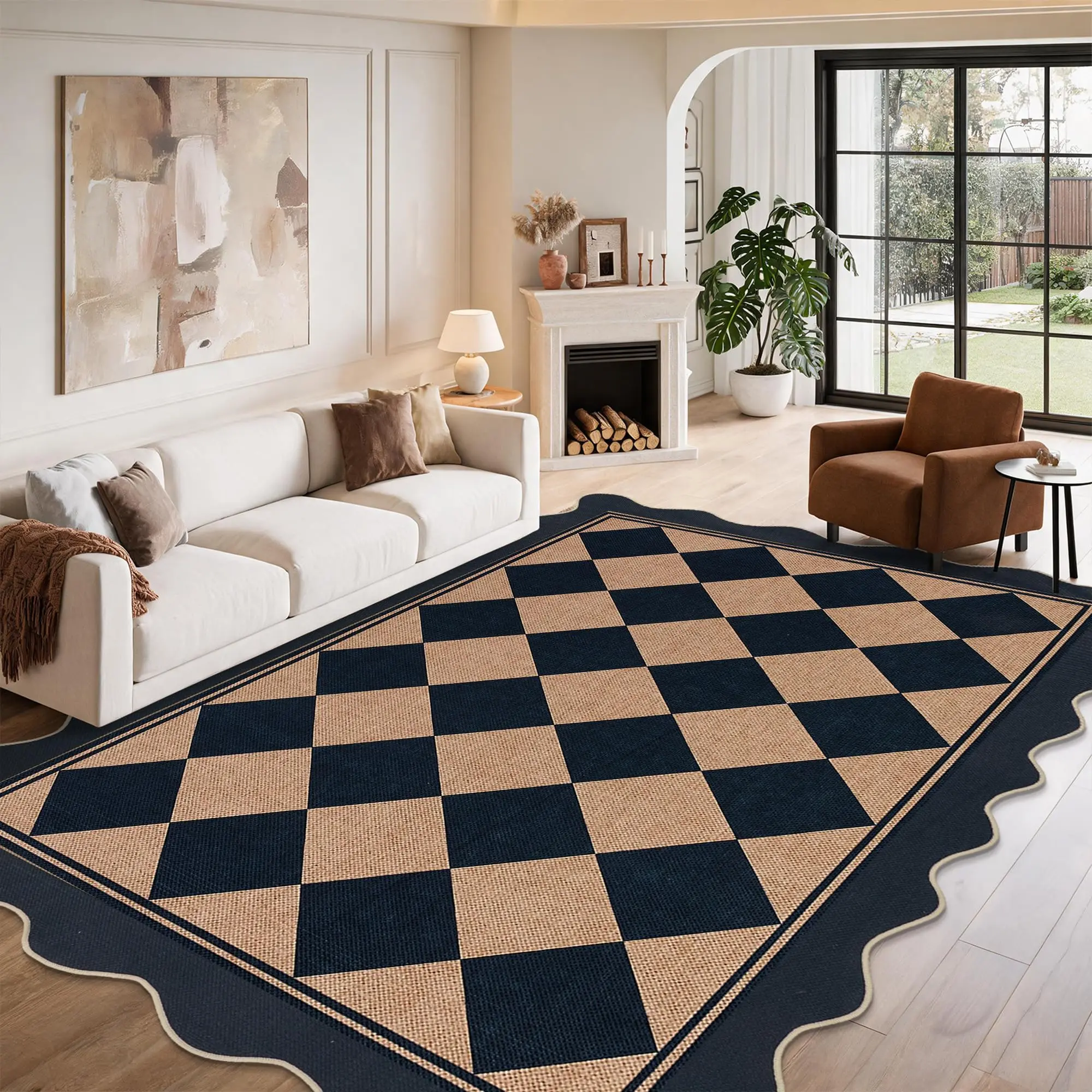 Fan-shaped Border Printed Rug Washable Area Rug Geometric Grid Printed Rug Soft Non-slip Ultra-thin Foldable Indoor Decorative Rug  for Living Room Bedroom Dining Room Playroom Laundry Room