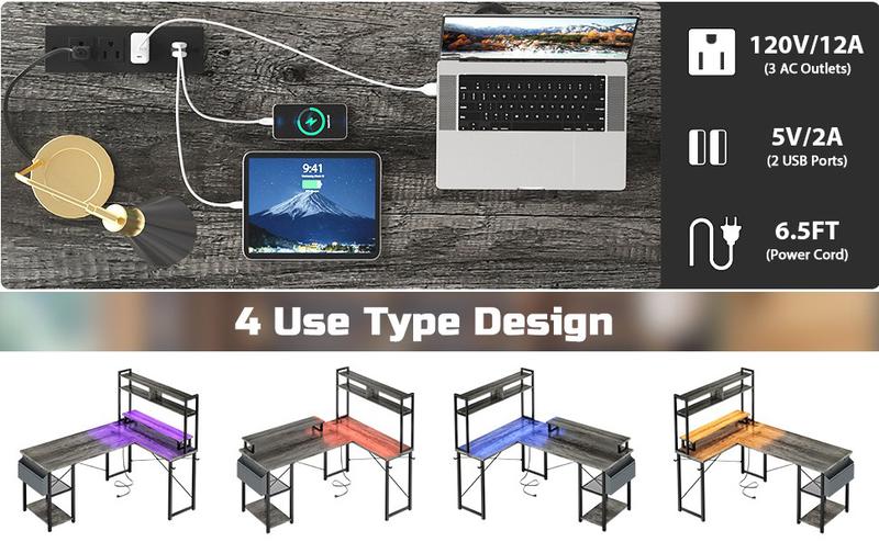 【Summer Sale】L Shaped Gaming Desk with Power Outlets, 48" Reversible Computer Desk with Monitor Stand & Storage Shelf, Small Gaming Desk with Led Lights, Corner Gamer Desk Home Office Desk with Storage Bag