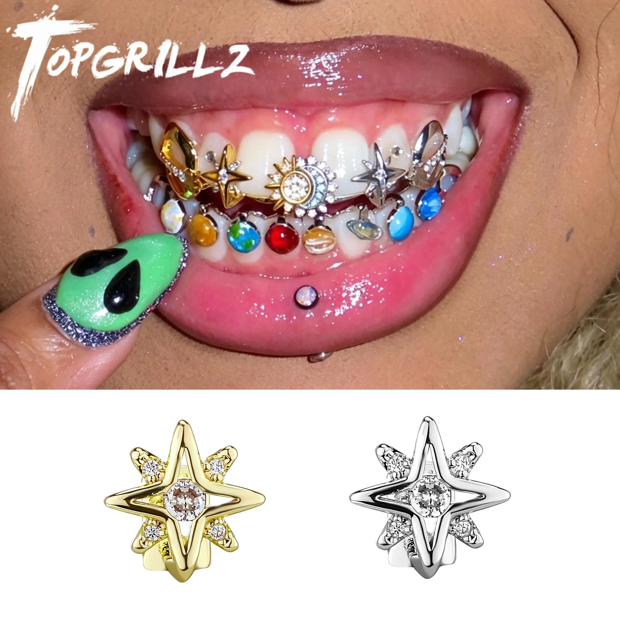 TOPGRILLZ Womens Retro Hot Girl Grillz Gold Plated Brass Star Single Tooth Cap Micro Pave Bling Jewelry For Women&Men
