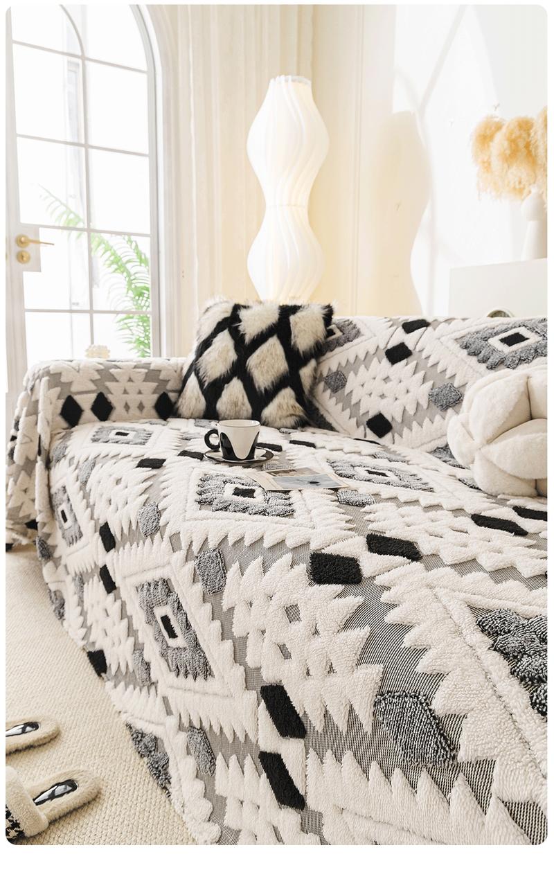 1 Piece Boho Plush Sofa Cover Blanket Couch Cover | Geometric Pattern | Multi-Color Multi-Size | Pet-Friendly Anti-Scratch Sofa Scarf | 4-Season Universal Sofa Throw | Stain-Resistant Washable Furniture Cover | Living Room Bedroom Dining Office |