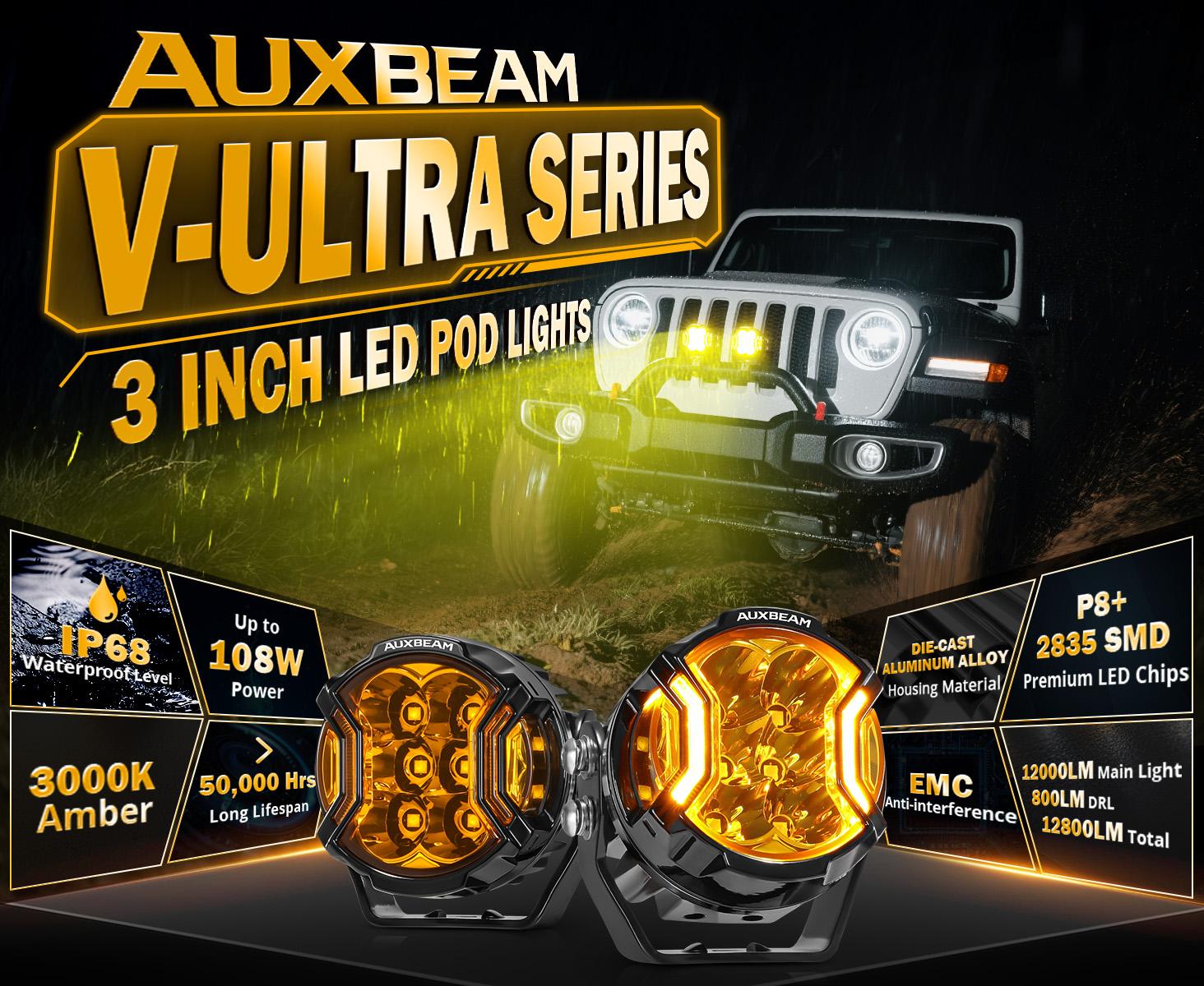 AUXBEAM 3 Inch 108W LED Driving Pod Light with Amber DRL Side Shooter IP68 Waterproof Combo Beam 2 Pcs V-ULTRA Series Auxbeam Light Bar Spot Flood Jeeplight Bar Spot Flood Combo Beam Work Light