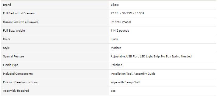 Sikaic LED Bed Frame With USB Ports Adjustable Headboard And 4 Storage Drawers Apartment Furniture Bedroom Set Upholstered Platform Bedframe