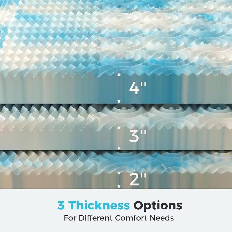 Cooling Gel Memory Foam Mattress Topper, Pressure Relieving 7-Zone Convoluted Design for Back Pain Relief, Breathable Ventilated Foam with Gradient Blue Color, Soft Supportive Mattress Pad for Better Sleep