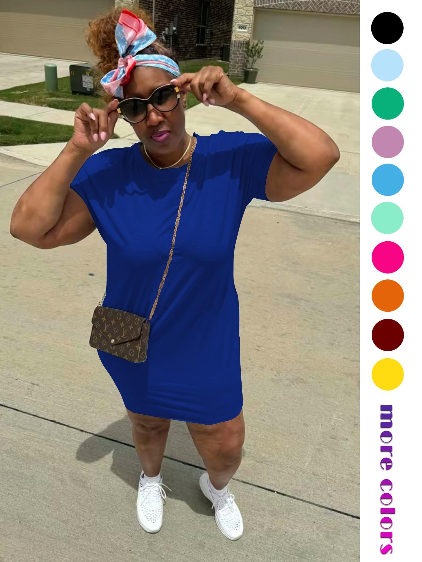 Women's Short Sleeve T-Shirt Dress, Stretchy Bodycon Midi Dress with Curved Hem and Side Pockets，Short Sleeve Crew Neck Bodycon Midi Dress with Pockets，Womens Bodycon Midi Dress, Casual Wear