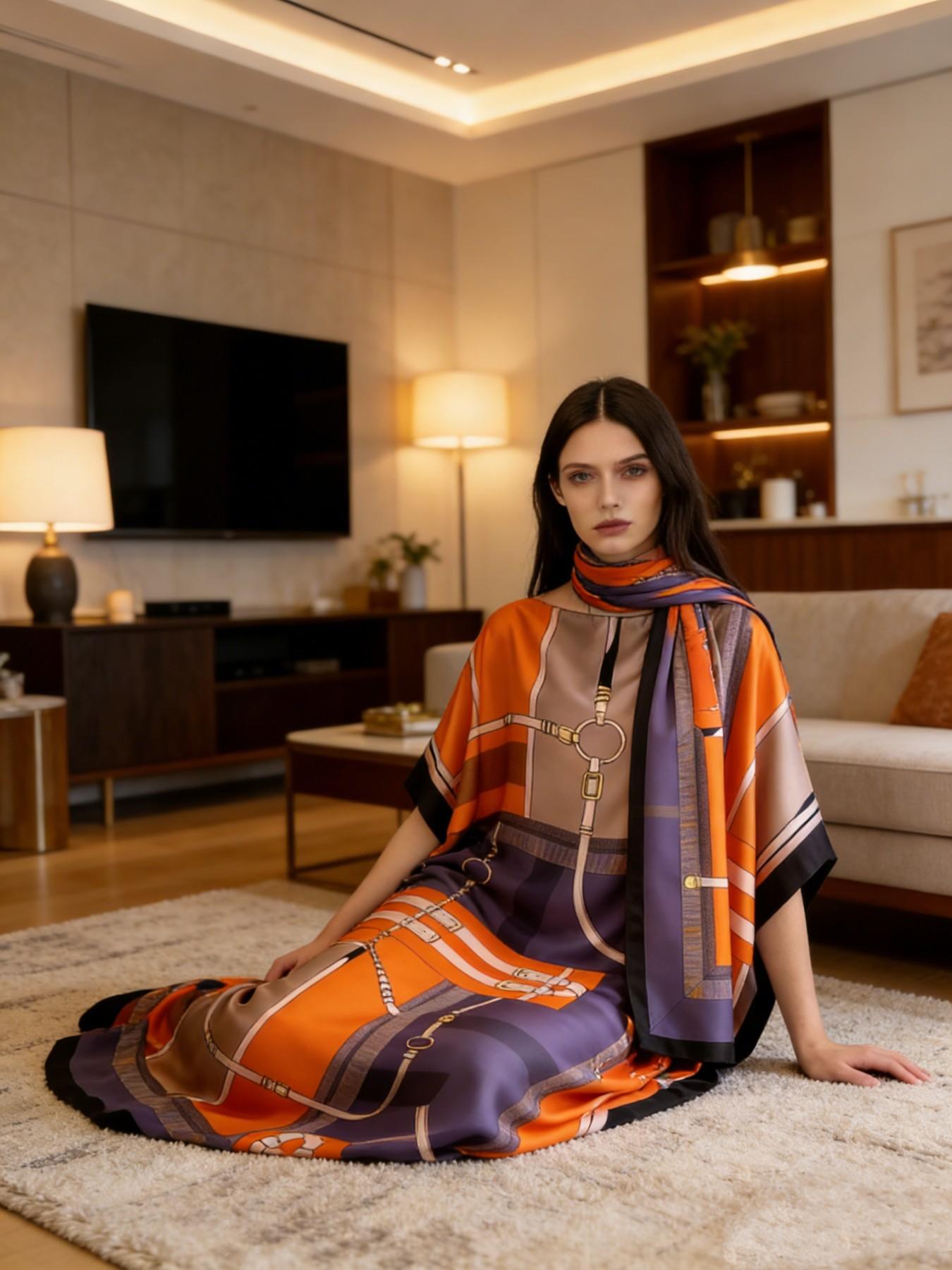 1dress+1scarf Viral Rust Orange Geometric Belt Print Satin Kaftan Maxi Dress with Matching Scarf – Silky Loose Fit, Plus Size Friendly, Luxury Loungewear, Beach Cover Up & Evening Party Wear, Must-Have Resort Fashion Piece