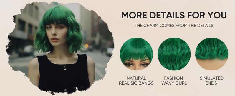 BESTUNG Short Green Wigs for Women Green Wavy Bob Wig with Bangs Medium Length Synthetic Hair Water Wave Dark Roots Wig Gray Colorful Wigs（12inch）