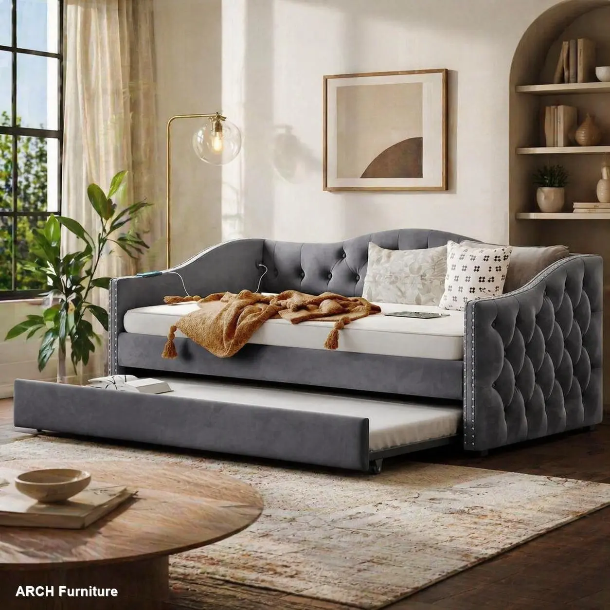 Twin Size Upholstered Daybed with Trundle and USB Charging, Plush Velvet Fabric, Gray, Sturdy Wood Slat Support, for Bedroom Guestroom Dorm