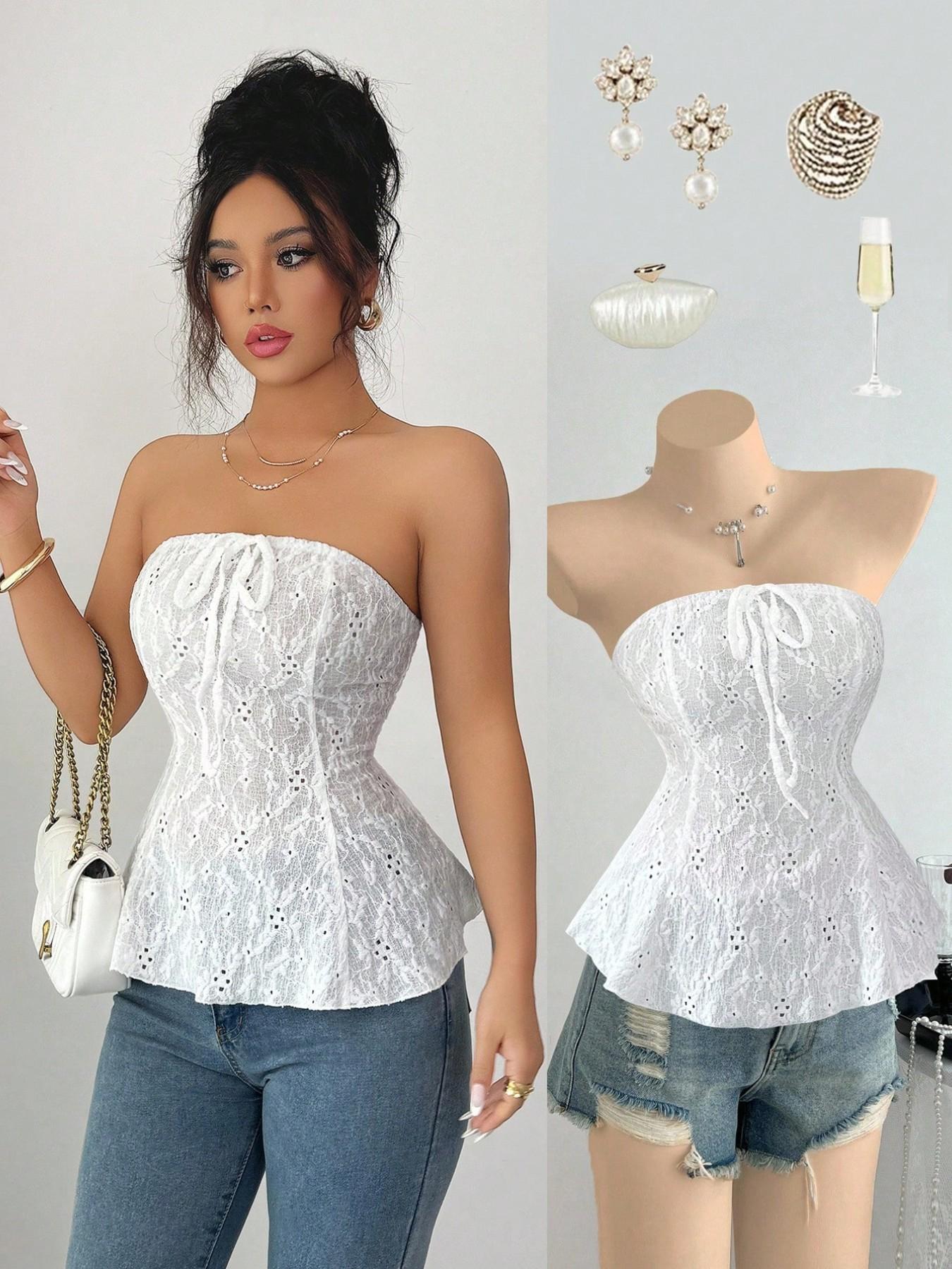 Elegant French-Style Chic Mesh Crop Top for Women, Sweet Ribbon Bow Hollow Out Slim Fit Tank Camis, Summer Beach Vacation Look, High Elasticity One-Shoulder Short Shirt
