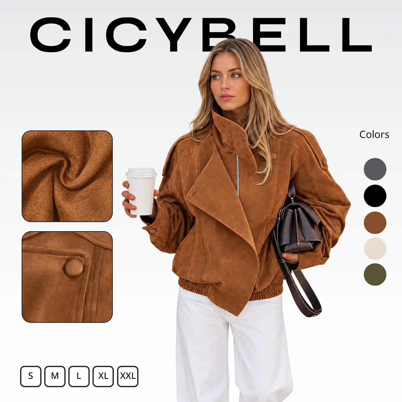 Cicy Bell Women's Oversized Suede Jackets Stand Collar Zipper Fall Coats