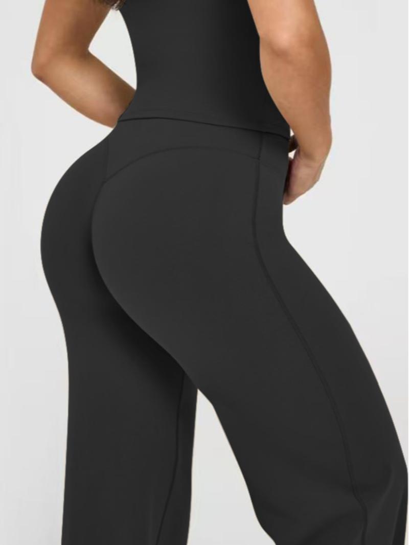 Women's Solid Color Sporty Yoga Pants, Casual Fitted Bottoms, Comfortable Flare Leggings, Elastic Waist, All Seasons Wear, Flared Yoga Bottoms