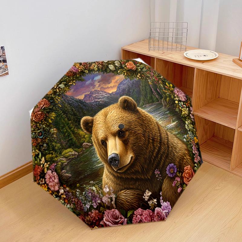 1 PC Automatic Folding Umbrella - Nature's Majesty: A Bear Amidst Flowers Pattern, Portable & Foldable Design with 8 Ribs, Merry Christmas Pattern,Casual Outdoor Accessory Halloween and Christmas Birthday Gifts. G0022