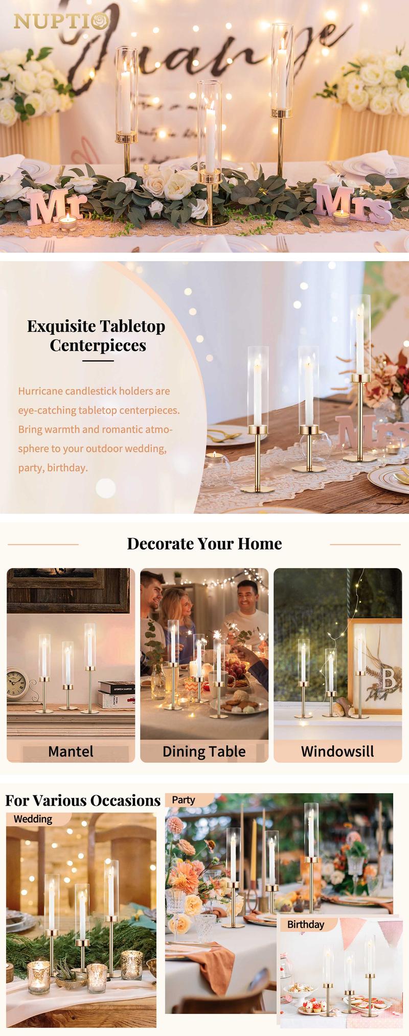 Hurricane Tall Candlestick Holders, Gold Metal Candle Holders Set of 3, Taper Candle Holders with Glass Cylinder Chimney, Long Skinny Candle Holders for Table Centerpiece Wedding 20’’22’’24’’