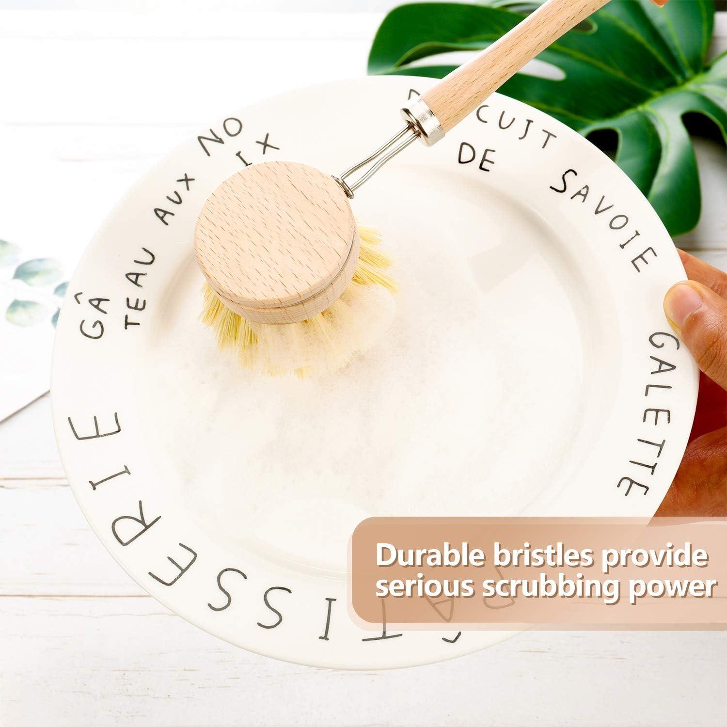 Long-Handed Pot Brush with Replaceable Heads, Natural Soft Bristles, Horsehair & Sisal, Coconut Palm Cleaning Tool, Solid Wood Handle