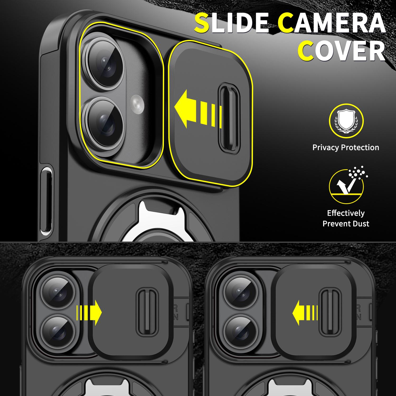 Slide Camera Cover For iPhone 17 Pro Max 16/15/14/13/12 Military Grade Drop Protection Anti-Fingerprint Coating 360° Rotatable Ring Holder Stand Black Shockproof Protective Casing