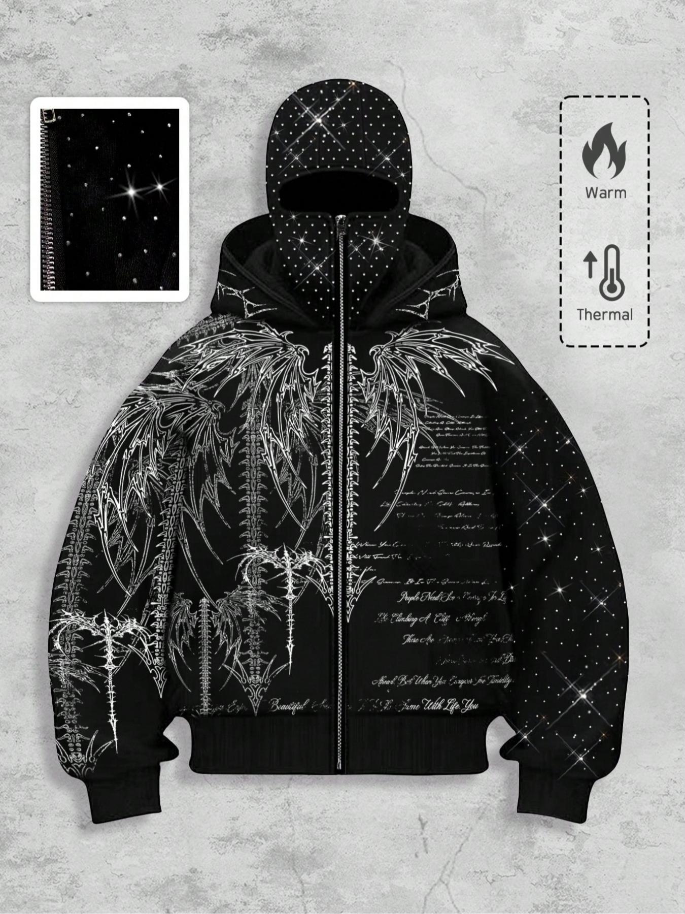 Men's Street Style Rhinestone Decor Hoodie With Two Hat, Windproof Jacket with Pockets and Zipper Design, Fall & Winter Wear, Long, Streetwear, Geometric