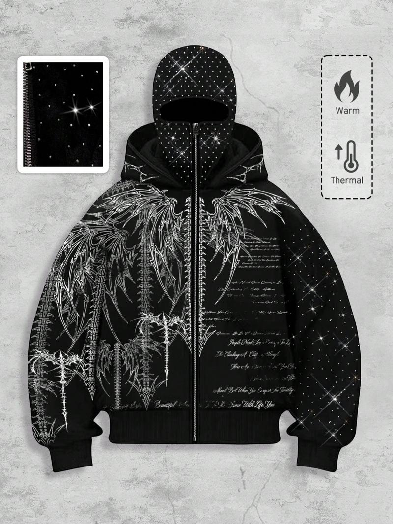 Men's Street Style Rhinestone Decor Hoodie With Two Hat, Windproof Jacket with Pockets and Zipper Design, Fall & Winter Wear