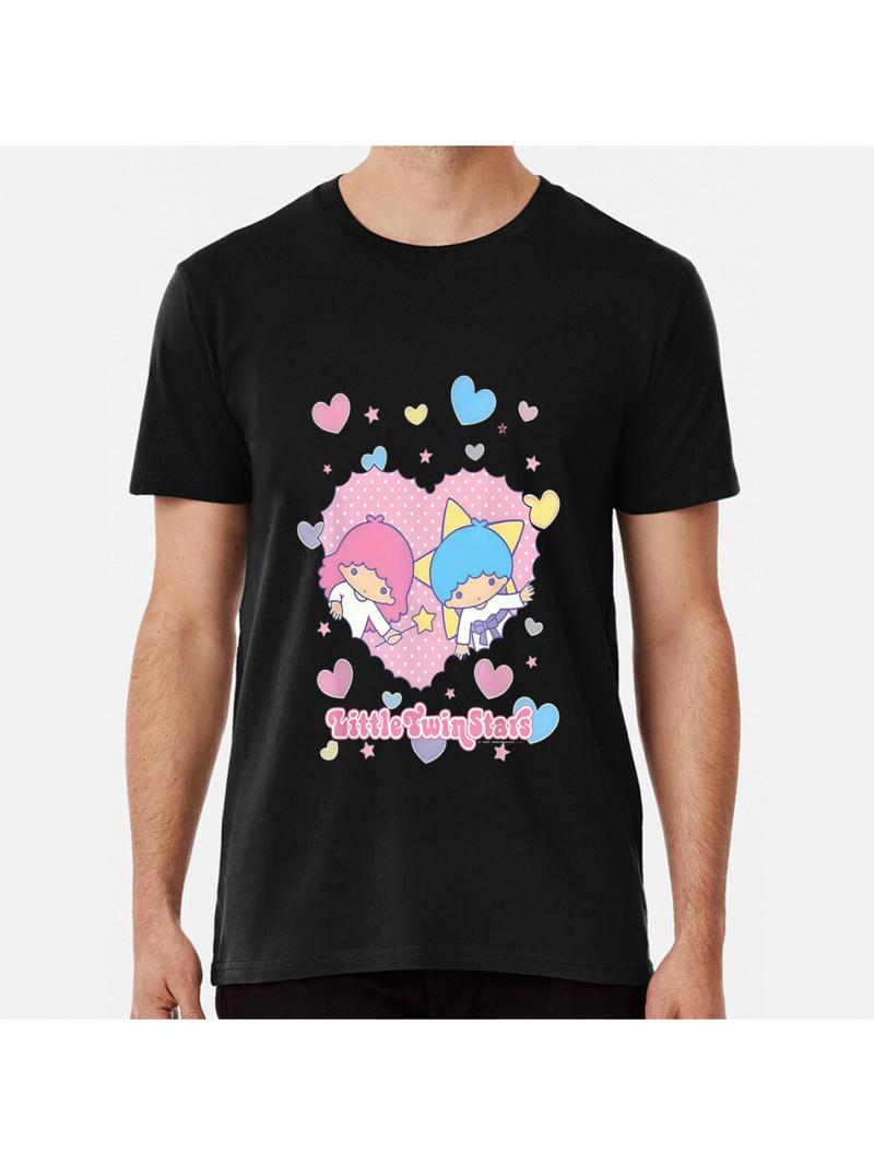 Sanrio for hello kitty for little twin stars Women's T-Shirt - Cute Cartoon Print, Black with Pink& Blue Hearts, Stars, and "for Little Twin Stars" Text, Perfect Gift for Girls, Stylish Short Sleeve f
