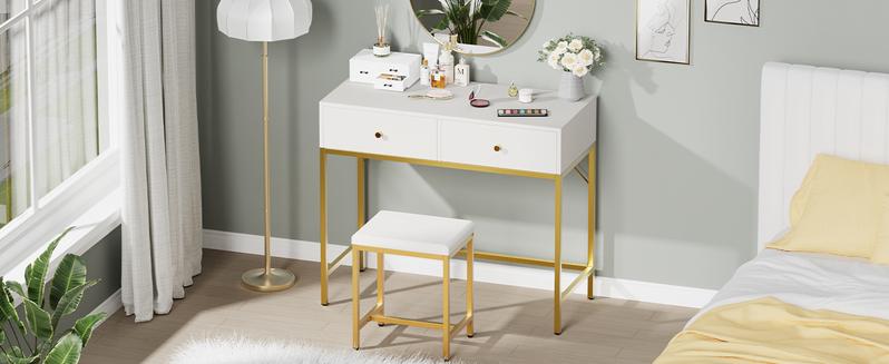 SUPERJARE 35.4" White and Gold Desk with 2 Drawers, Modern Makeup Vanity Desk with Padded Stool, Small Computer Desk Home Office Desk for Writing Study Bedroom