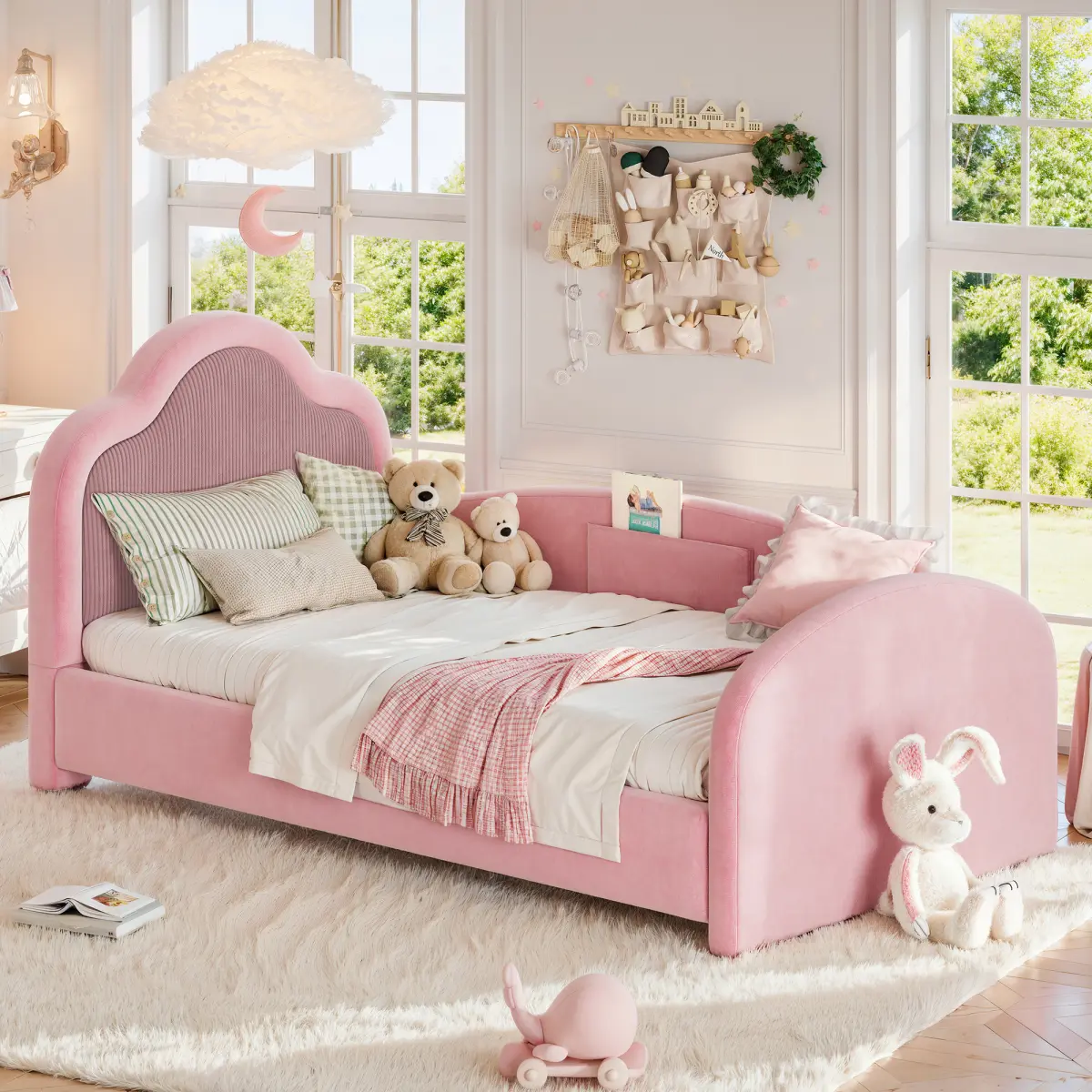 [Bellemave] Twin/Full Upholstered Floor bed, Curved Headboard, Safety Side Rails, Storage Pocket, Easy Assembly