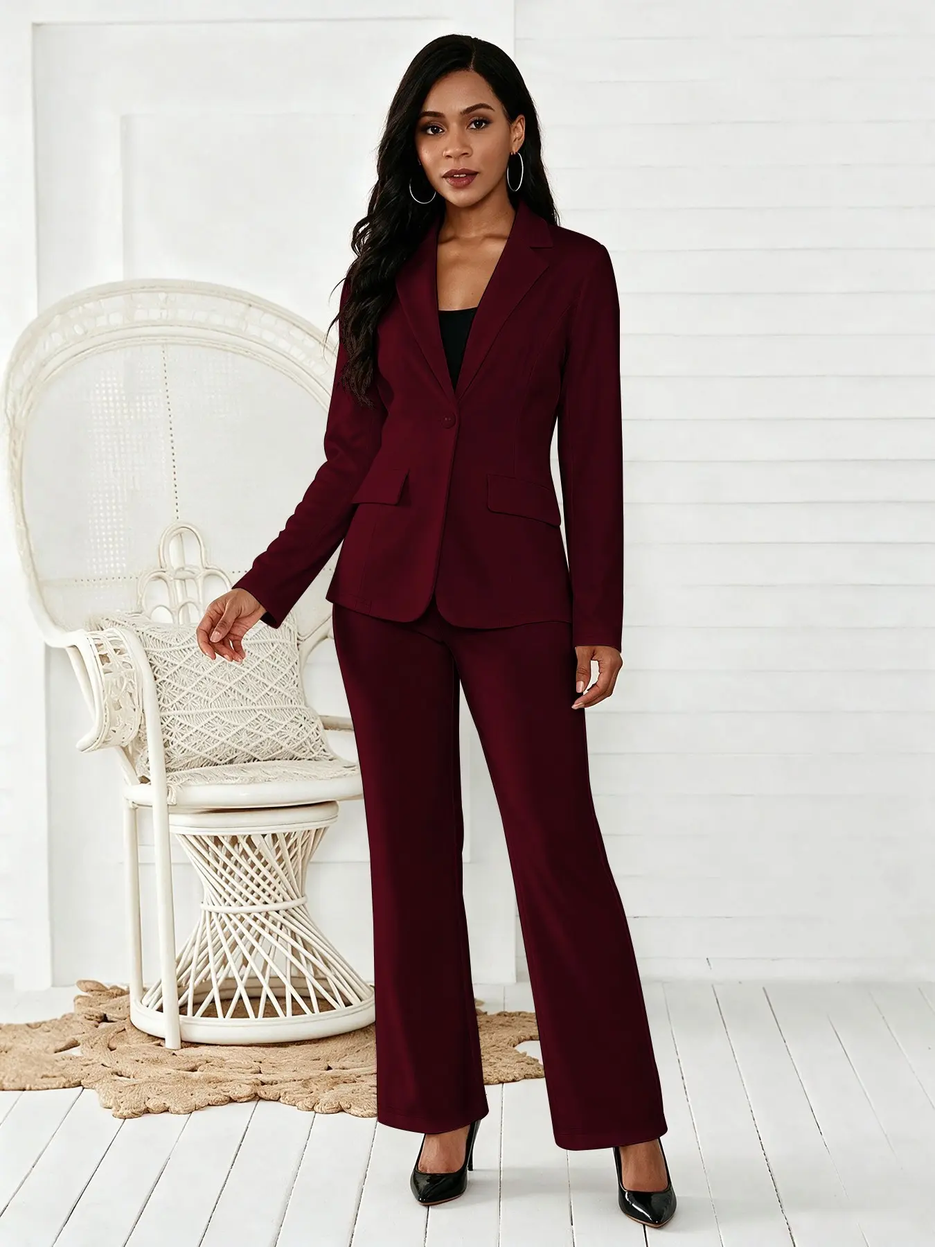 Women's Two-Piece Matching Set, Pants Set Outfit, Plain Button Lapel Fitted Blazer & Suit Pants, Business Casual Long Sleeve Outerwear & Trousers for Daily Outdoor Wear, All Seasons, Essential Business Attire, Work Casual Blazers, Corporate Attire