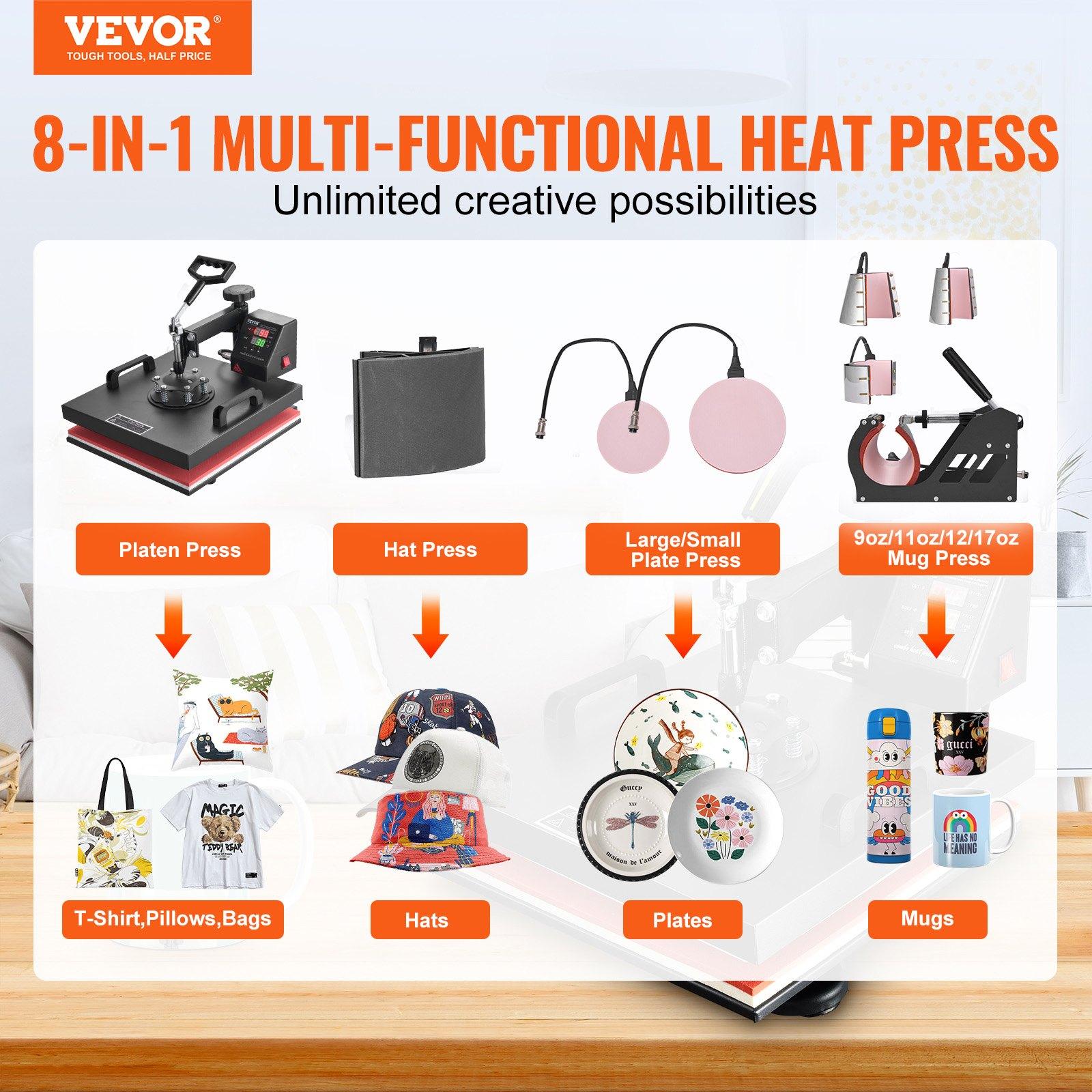 VEVOR 8 in 1 Heat Press Machine 15x15 Inch T-Shirt Pressing Machine 360° Swing Away Professional Sublimation Heat Press for Sublimation, Vinyl, Heat Transfer Projects