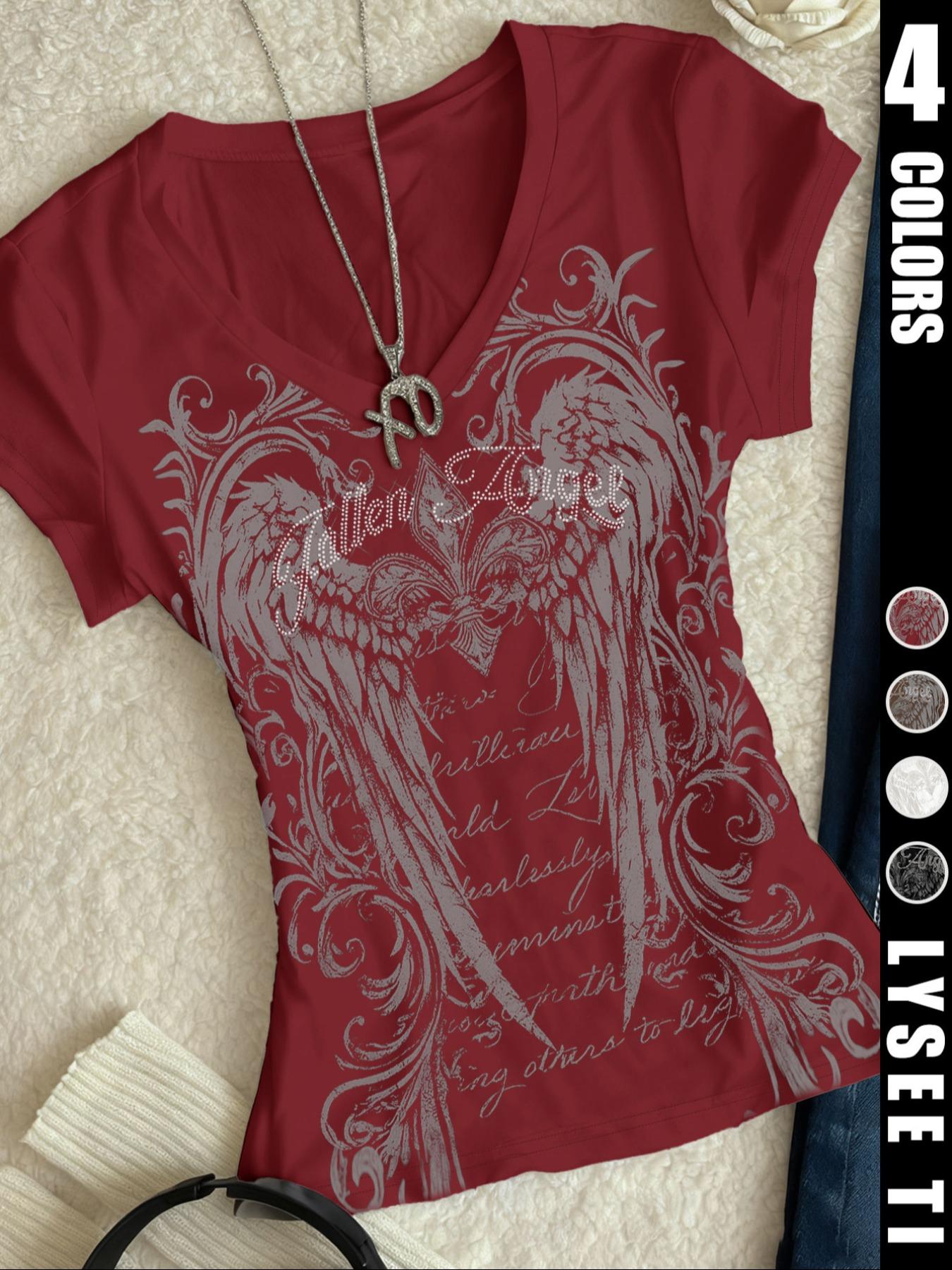 Women's V Neck Short Sleeve T-Shirt, Fashionable Fitted Design Print, Perfect for All Seasons, Ideal for Casual Wear & Daily