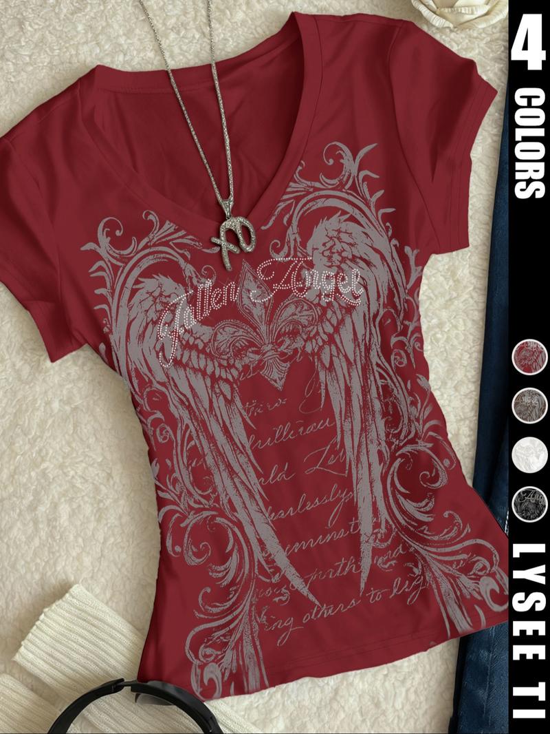 26 Valentine's Day wing print retro y2k trendy fashion women's V-neck short sleeved T-shirt
