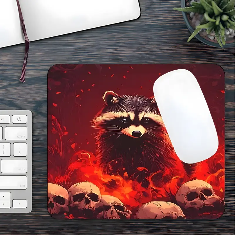 Dark Fantasy Raccoon Large Gaming Mouse Pad, Computer Mouse Pad, Fire & Skull Washable Rubber Extended Desk Mat with Non-Slip Base, Home Office Decor, Mouse Pads for Desk, Mouse Pad For Laptop, Gaming Room Accessories, Gaming Mousepad