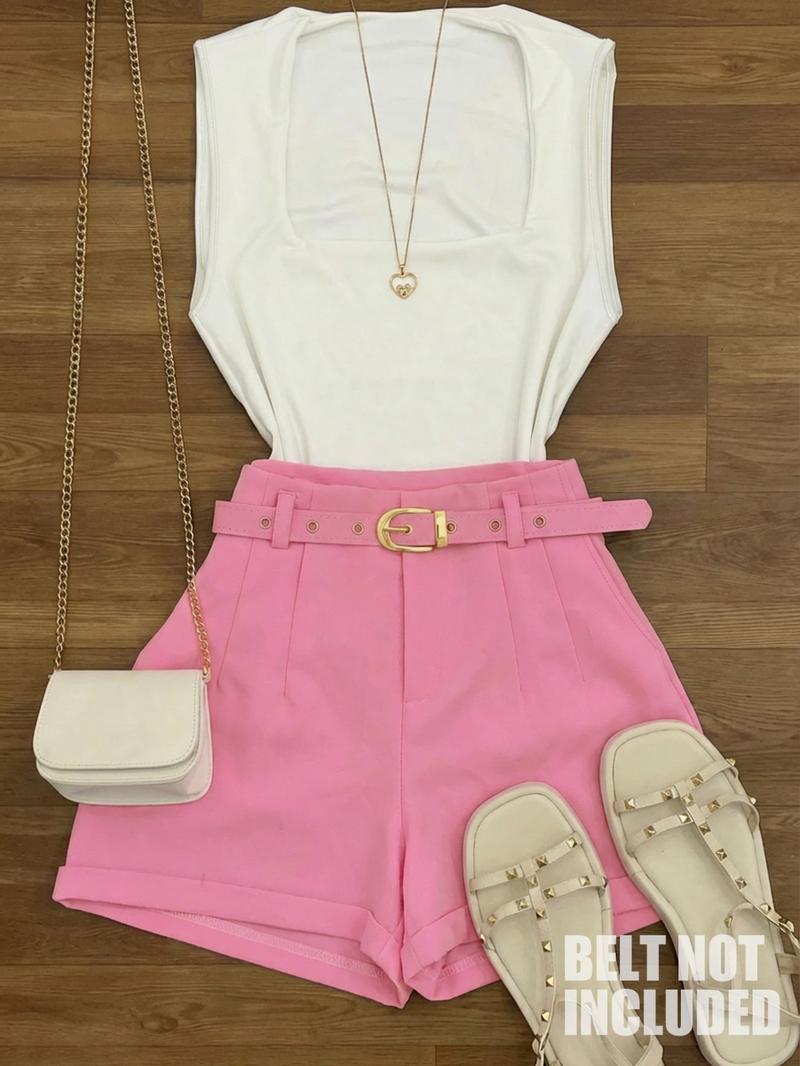 Women's Fashion Comfortable Knitted Sleeveless Top and High Waist Shorts Set, Casual Elegance Commuter Style, No Belt Included