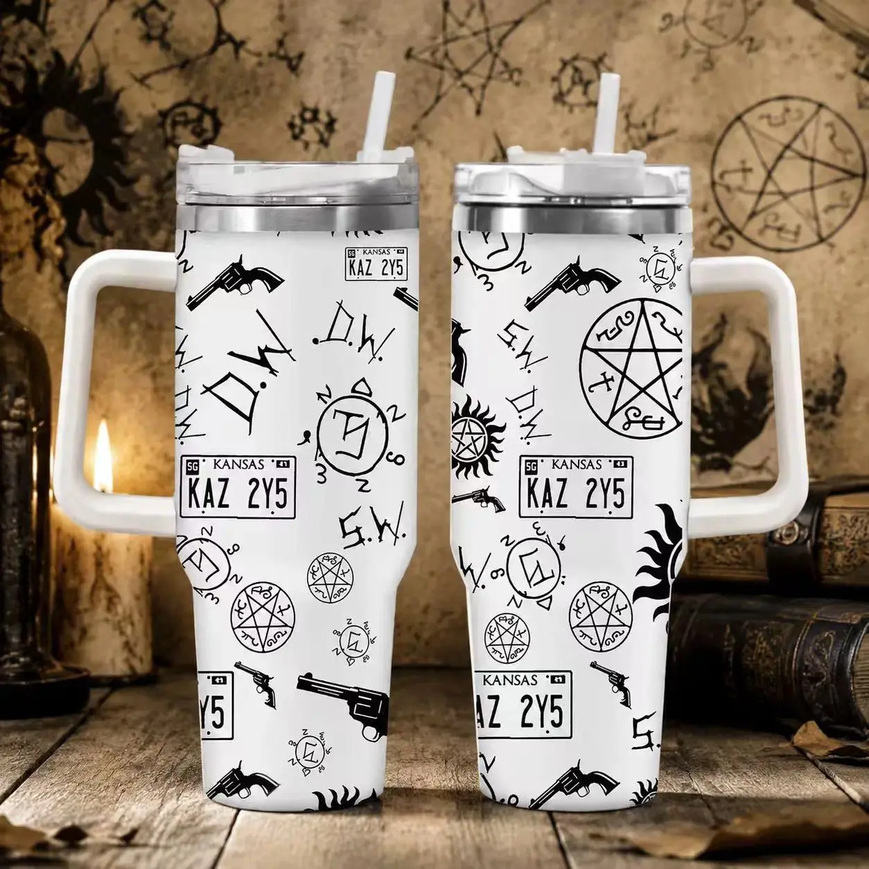 40oz Supernatural Themed Stainless Steel Insulated Travel Tumbler, Durable Water Cup With Straw Hole, Perfect Gift For Christmas, Thanksgiving Holiday