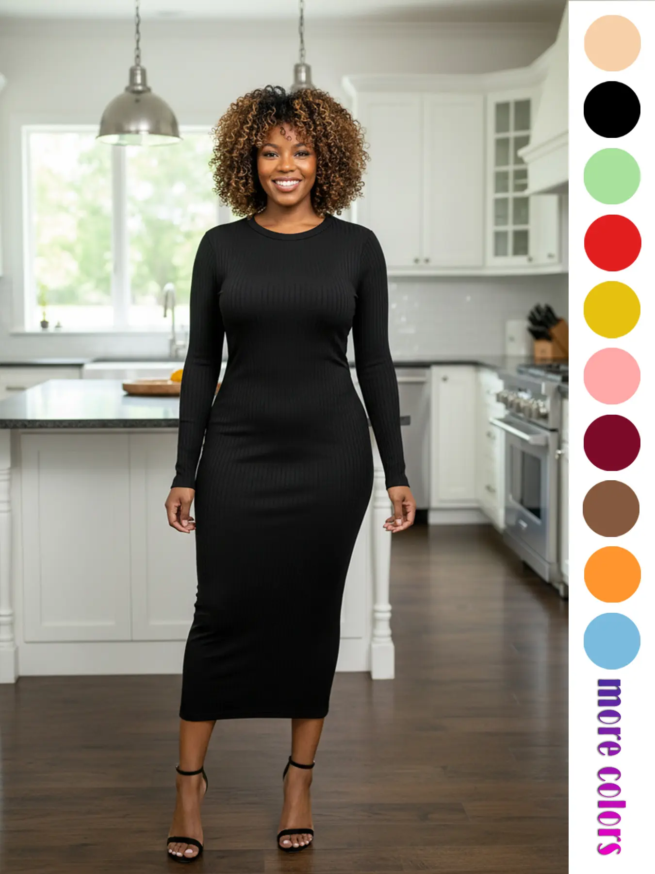 Women's Long Sleeve Basic Dress with Pocket, Breathable Stretchy Fitted Solid Color Maxi Dress for Party, Casual and Travel, Stylish All-Day Wear, Womenswear