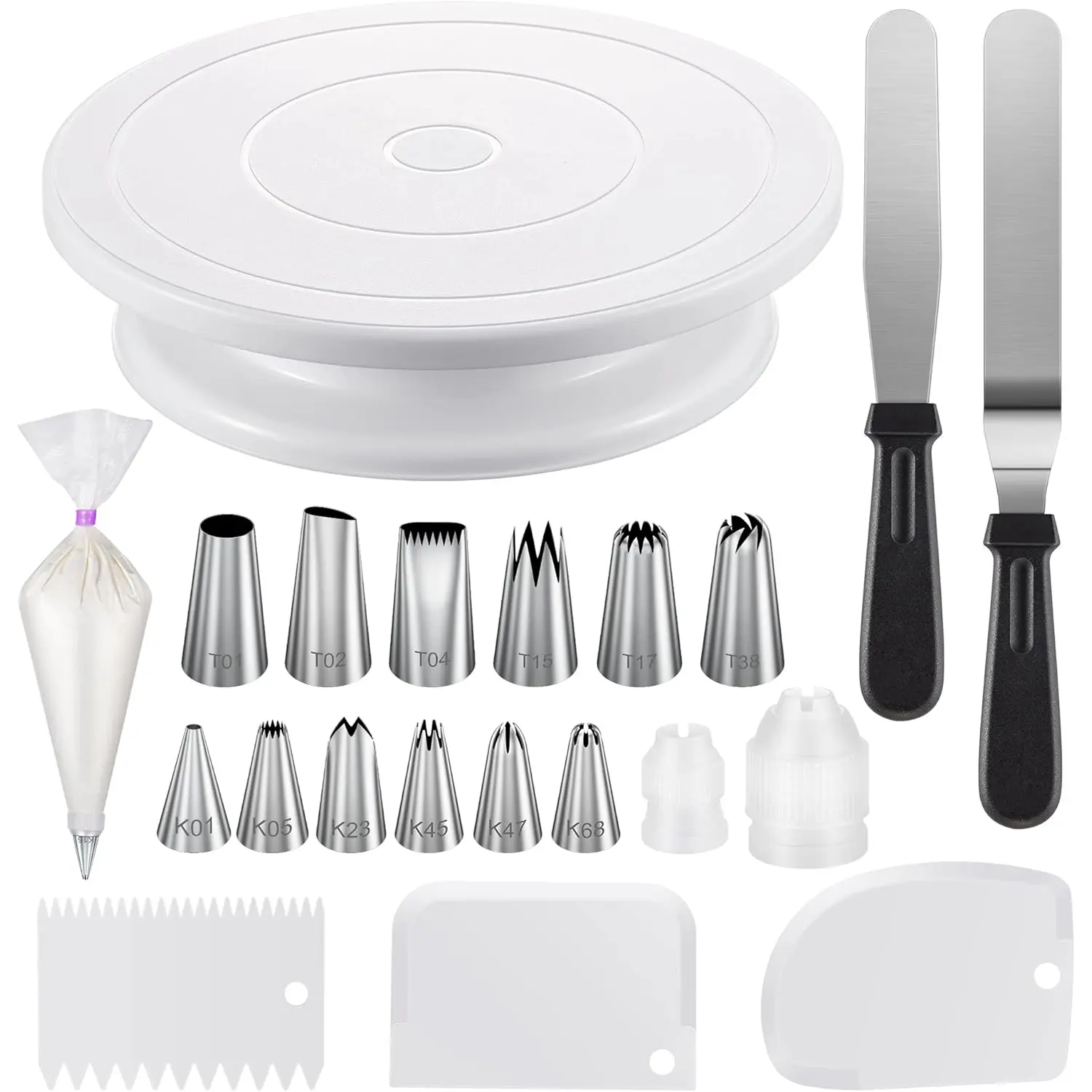 70 Pcs Cake Turntable Kits,Cake Decorating Kits with 1 Rotating Cake Stand, 3 Scrapers, 2 Spatulas, 12 Piping Nozzles, 2 Couplers, 50 Disposable Pastry Bags