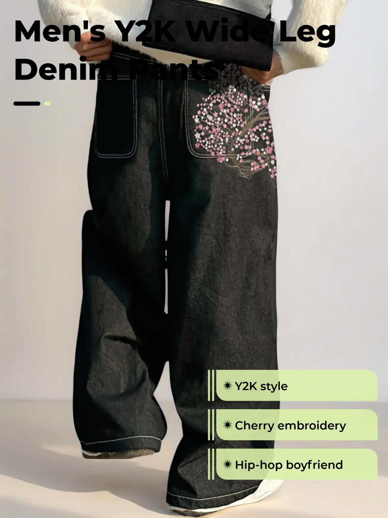 Men's Retro Y2K Style Loose Wide Leg Jeans, Menswear, Cherry