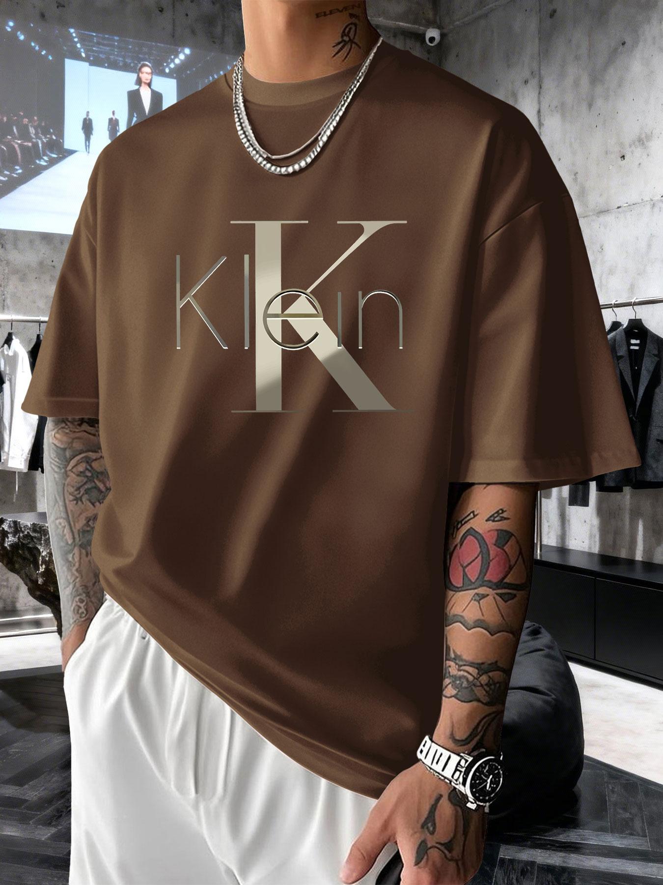 Men's Short Sleeve T-Shirt Summer Gold Embossed Klein Letter Print, Casual Loose-Fitting Long Top, All Seasons Business Fashion