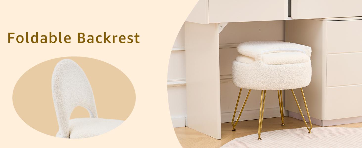 Storage Ottoman Vanity Stool Chair with Folding Back Teddy Velvet Makeup Chair Multifunctional Upholstered Footstool,4 Metal Legs with Anti-Slip Feet for Bedroom Living Room Entryway