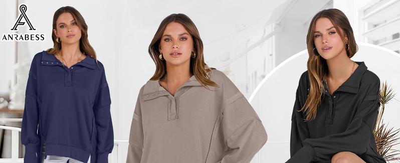 ANRABESS Women's Sweatshirts Oversized Casual Loose Button Up Henley Pullover Top High Low Split Fall Fashion Outfits