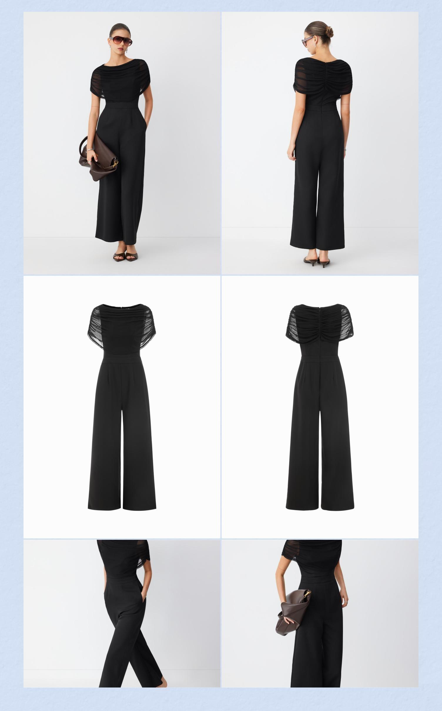Cider Mesh Boat Neck Ruched Mid Rise Straight Leg Jumpsuit