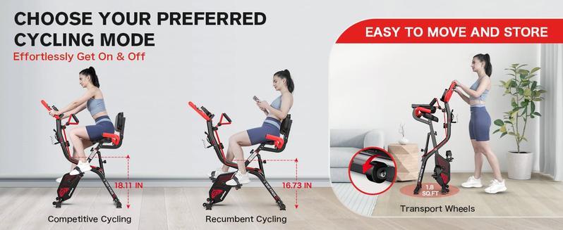 pooboo Foldable Exercise Bike 4-in-1 Indoor Riding Bike, Adjustable Resistance Exercise Cycling, Magnetic Upright X Fitness Cycle Comfort Seat
