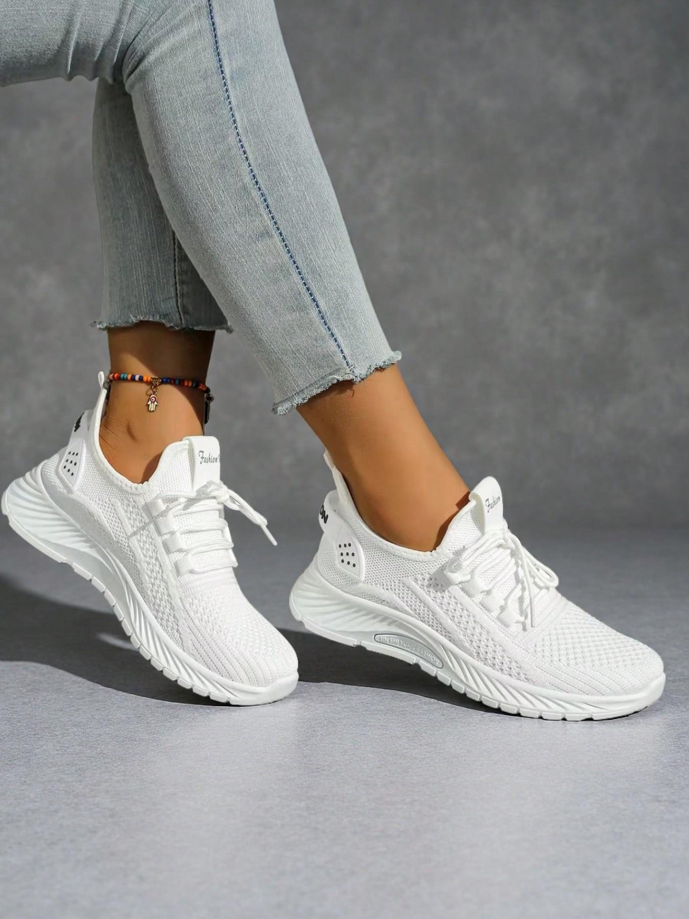 Women's Hollow Fly Knit Lace-Up Low Top Platform Walking Sneakers, Fashionable running shoes, Breathable Lightweight Non-Slip Thick Sole Casual Athletic Knitted Running Shoes for Daily Jogging, Shopping & Outdoor Activities