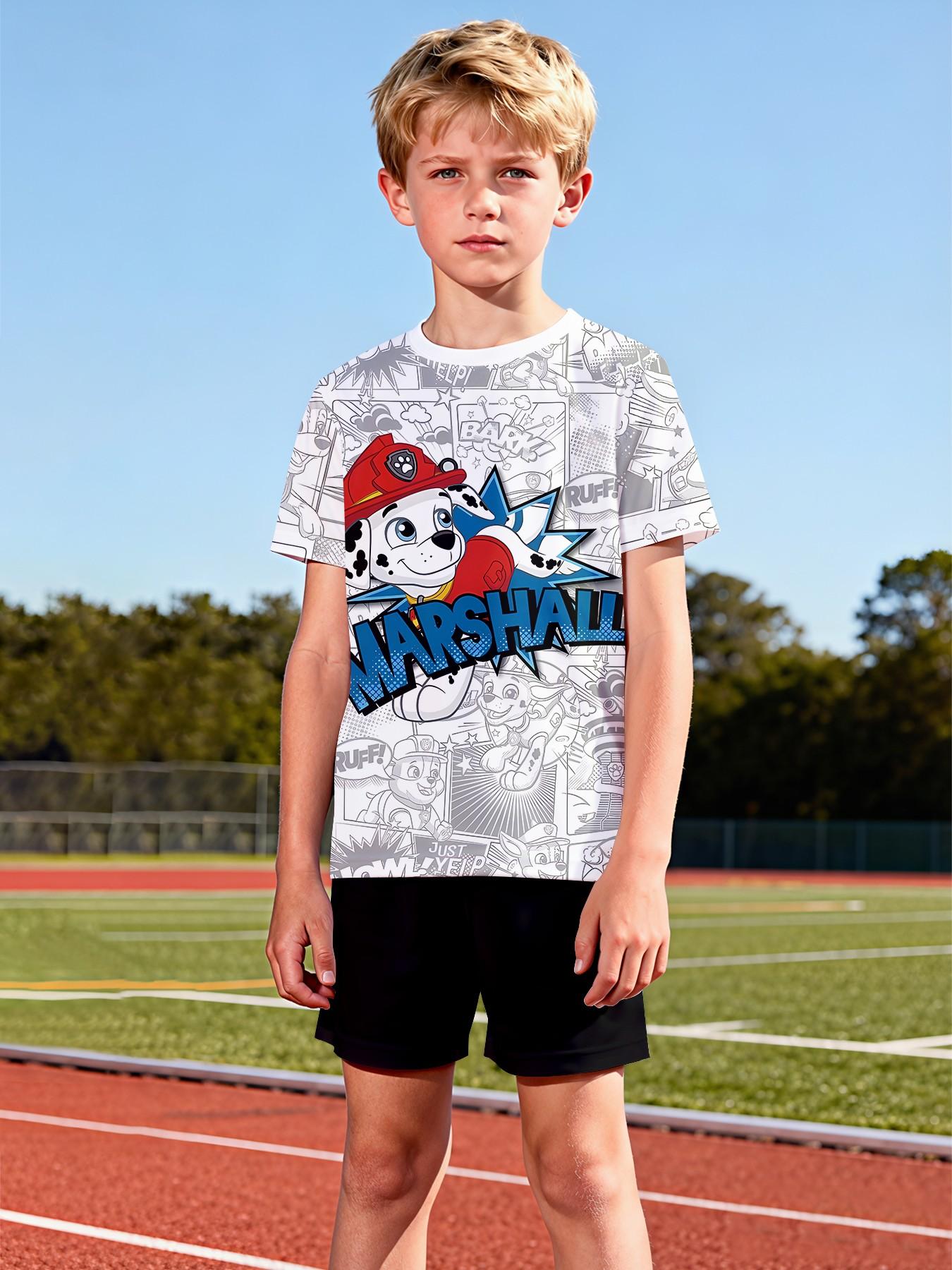 Paw Patrol Marshall Two-Piece Short Sleeve and Shorts Set, 100% polyester casual loose fit set, fun printed patterns for summer, outdoor sports T-shirt set, perfect gift for boys