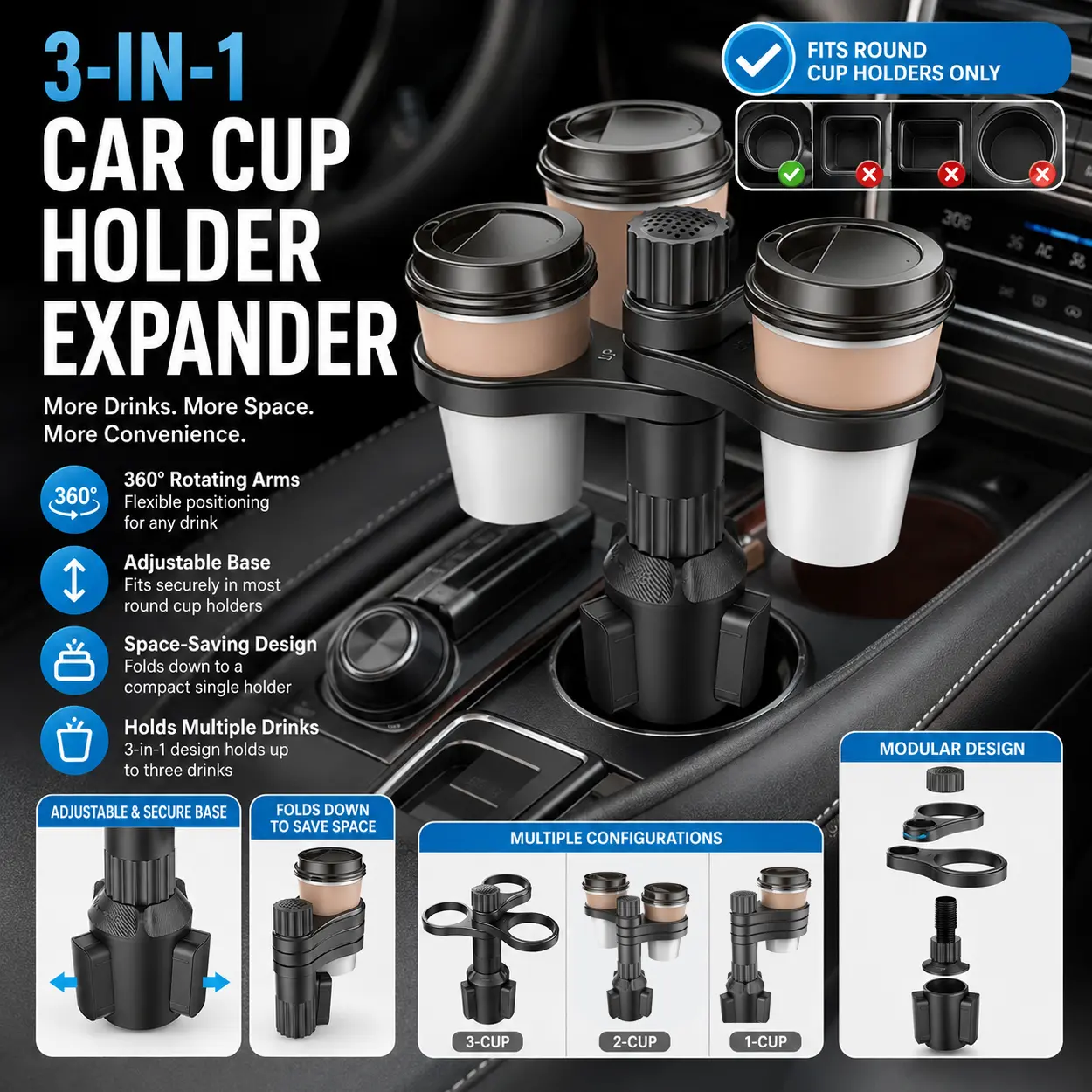 3 in 1 Rotating Car Cup Holder Expander, Universal Black Vehicle Drink Holder Adapter for Coffee Cups, Water Bottles and Beverages, Space Saving Auto Accessory for Cars, SUVs, Trucks, Road Trips, Daily Commute and Travel Organization