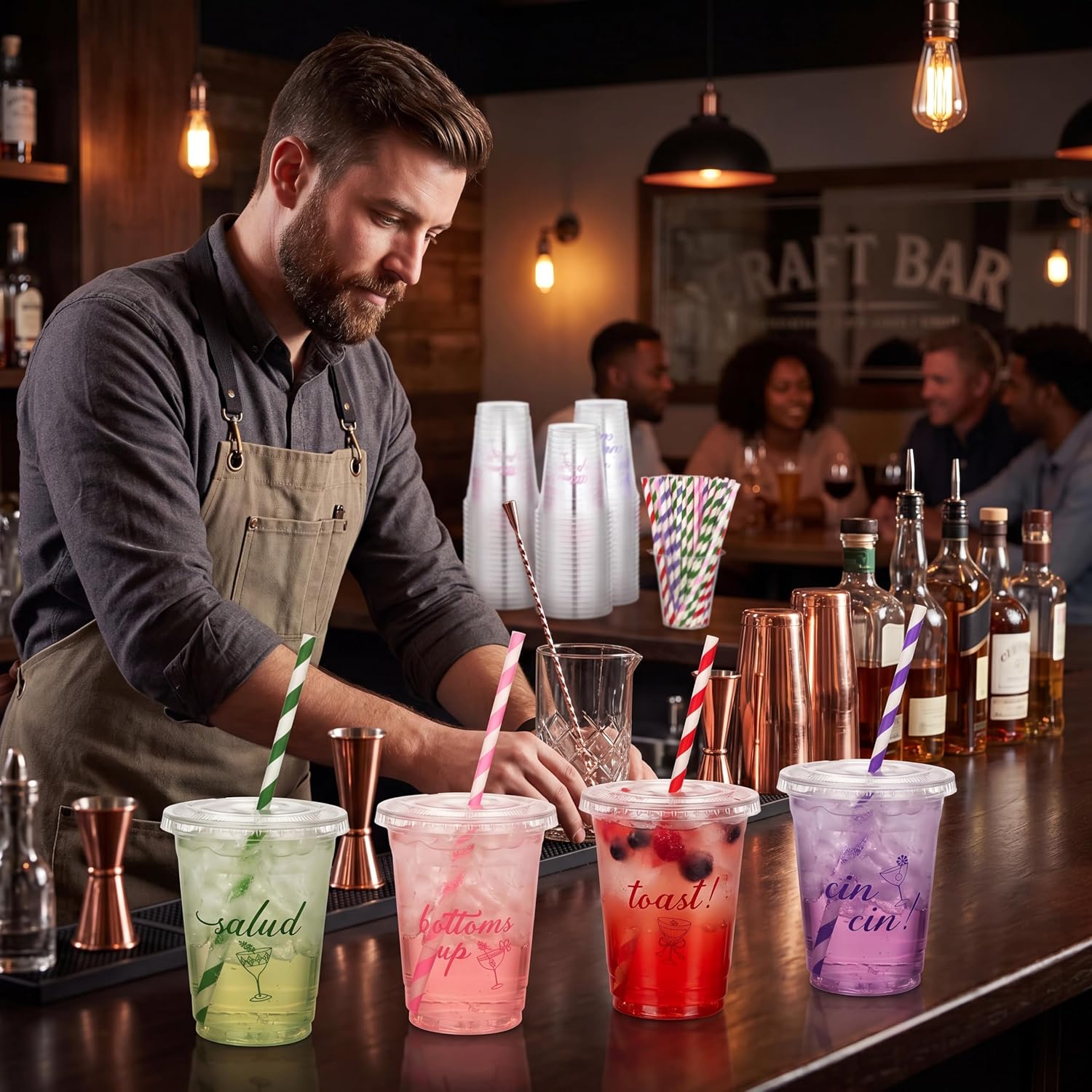 100 Pack 12oz Clear Disposable Plastic Cheers  Cups with  & Paper Straws, Happy Birthday Wedding Party Cups for  Smoothie Milkshake Cold Juice Beverage