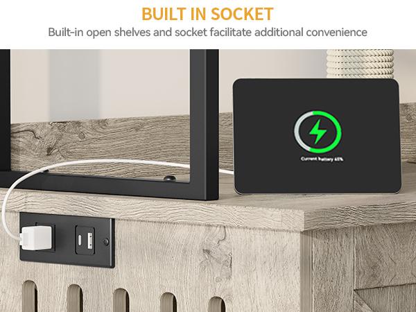 Yitahome Cat Hidden Litter Box Enclosure Furniture with Shelves and Charging Station, Cat Washroom Wooden Cabinet with Cat House Condo, Adjustable Feet, Feeding Station, Scratch Post