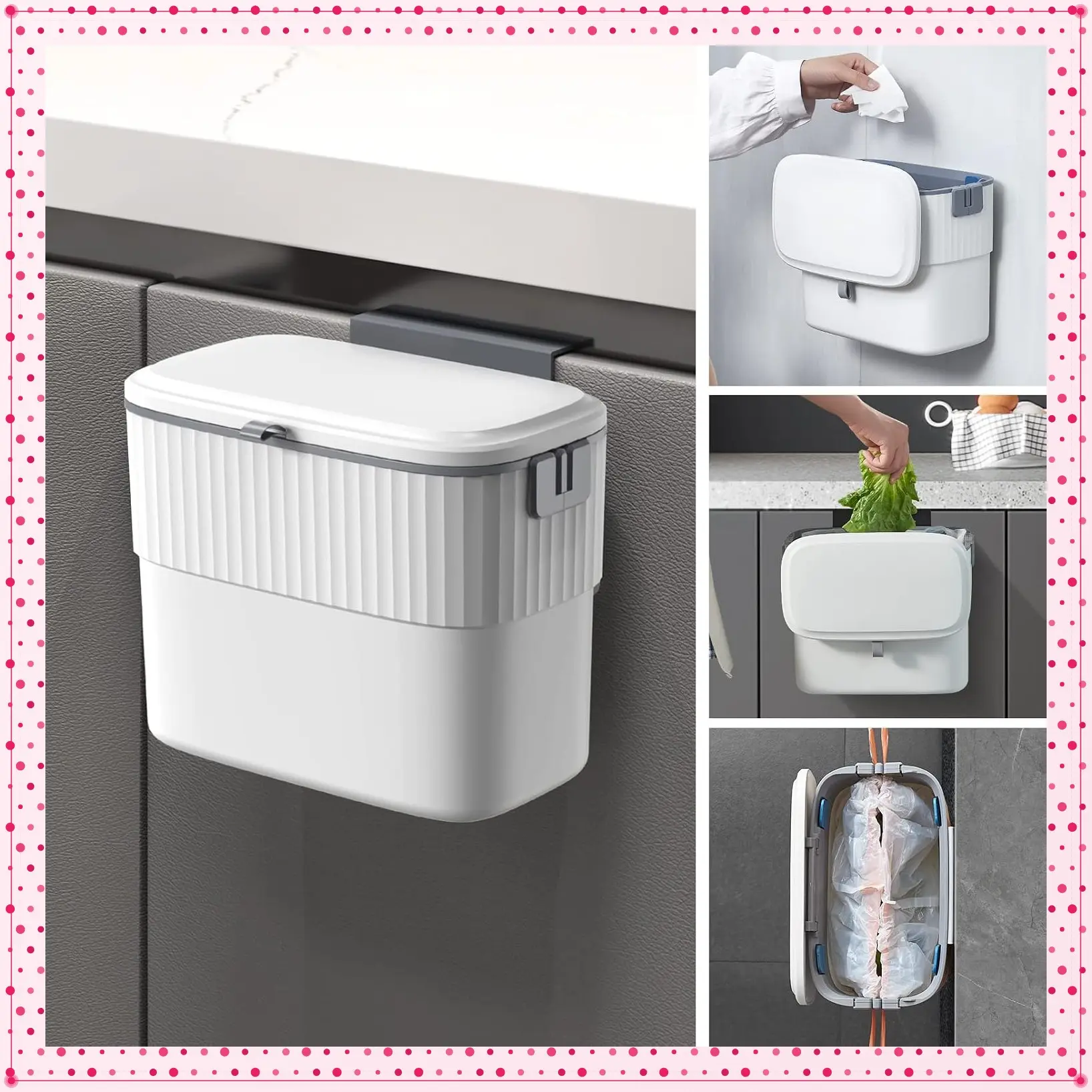 Kitchen Compost Bin with Lid, 1.8 Gallon / 7 Liter Wall-Mounted Hanging Trash Can, Plastic Wastebasket Under-Sink Trash Bin for Cabinet Door, Cupboard, Bathroom and OfficeGift
