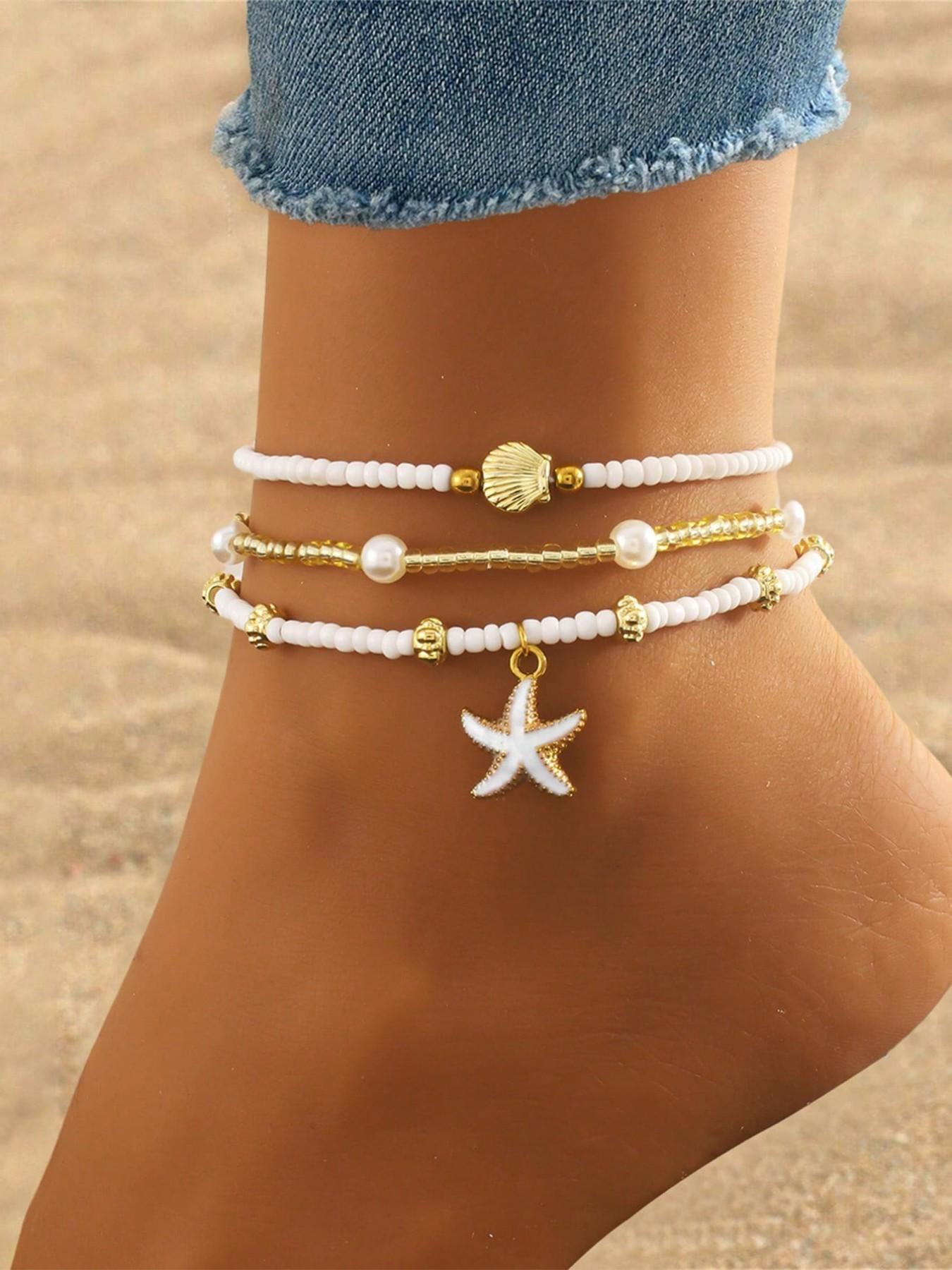 6 Pcs Boho Ocean Style Beaded Imitation Pearl Ccb Metal Star Shell Ankle Bracelet Set, Elastic Fit for Most Ankles, Women's Daily & Festival Wear
